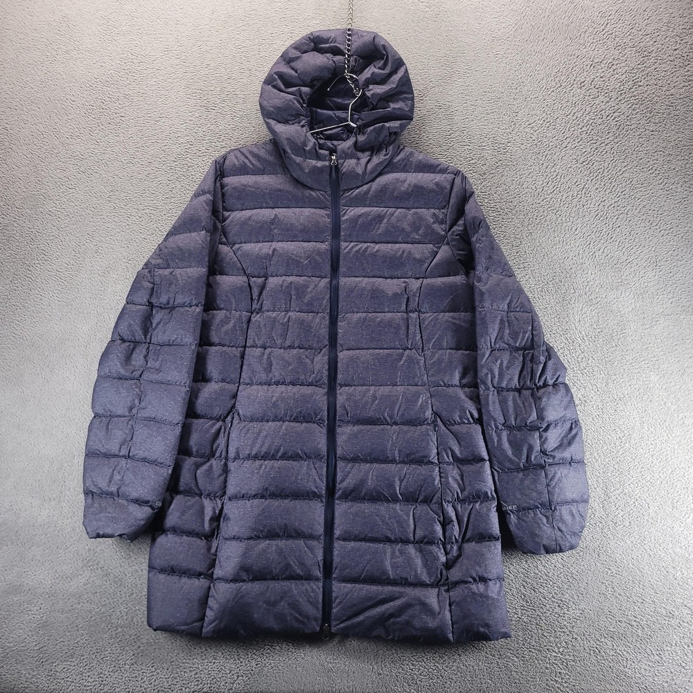 Eddie Bauer Coat Womens L Blue EB650 Down Puffer Hooded Mid Length Warm Winter